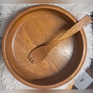 Vintage Handcarved 14" Wooden Serving Bowl And Serving Spoon Made In The USA